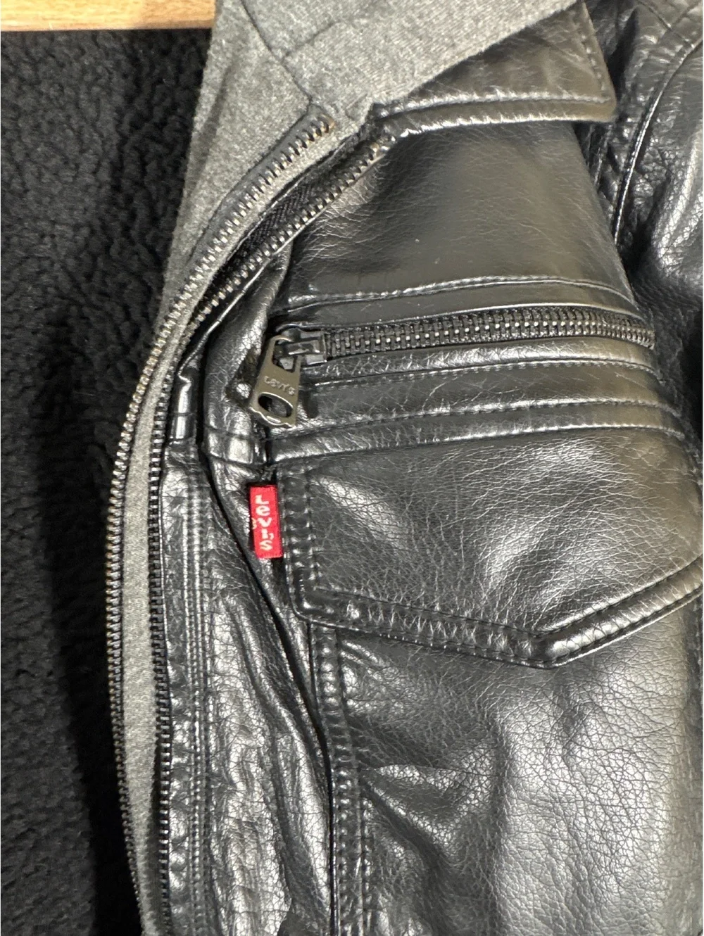 Levi's Black Faux Leather Jacket with Hooded Inner Layer